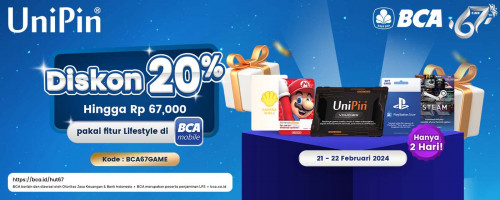 HUT BCA 67 Makin Meriah dengan Diskon 20% Setiap Top Up Voucher UniPin dan Voucher Game pakai BCA Lifestyle